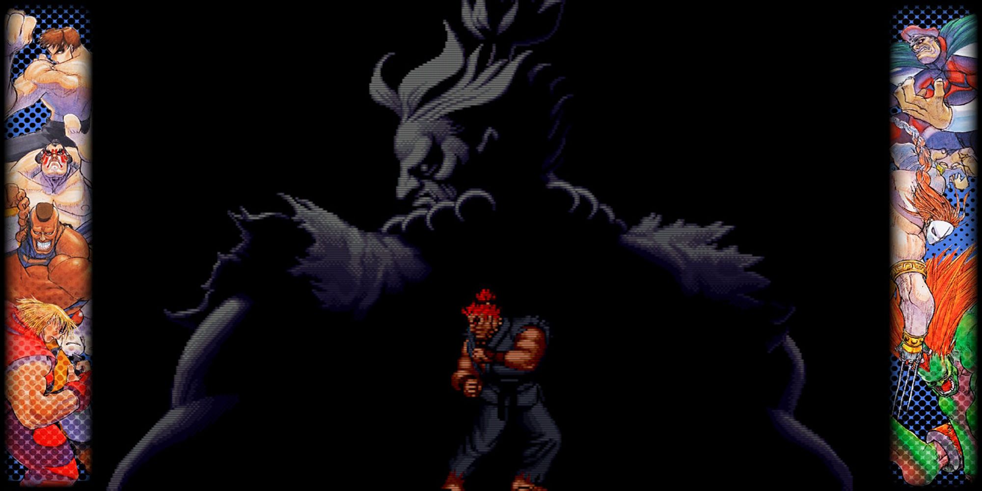 Akuma stands in front of a foreboding shadow of himself after the credits of Hyper Street Fighter 2, a game in Capcom Fighting Collection.