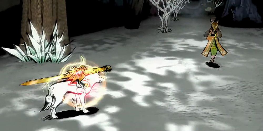 Amaterasu meets Kai on the snowy grounds of Yoshpet.