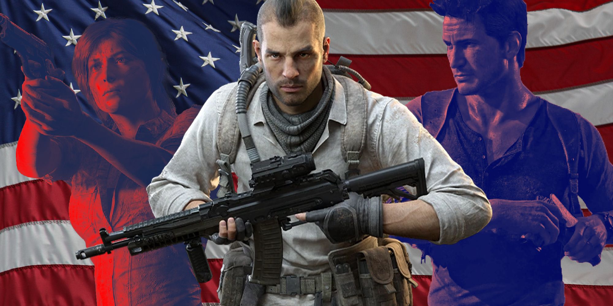 Nathan Drake, Lara Croft, and Call of Duty characters with guns in front of an American flag