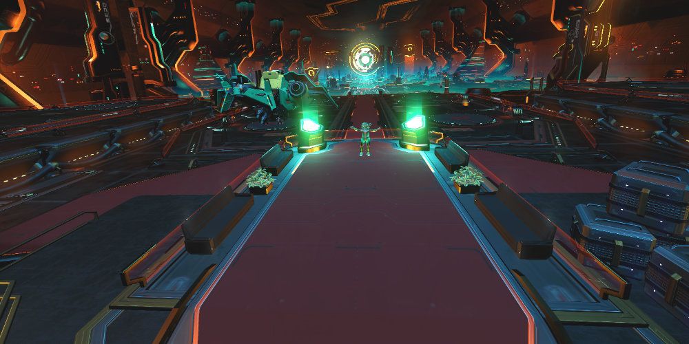 A person standing alone in a large, open sci-fi spaceship hanger.