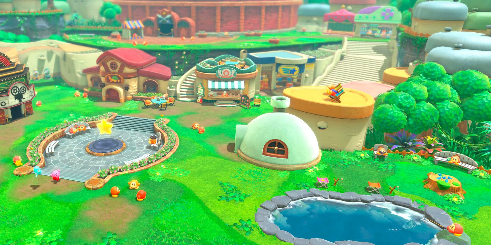 An overview shot of Waddle Dee Town Showing The Fishing Pond