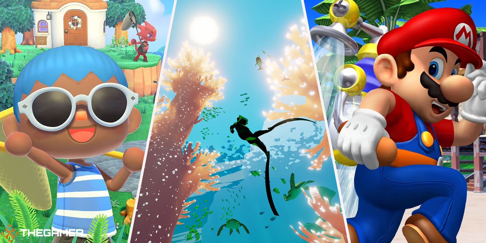 Animal Crossing character (left), Mario from Mario Sunshine (right), Abzu gameplay screenshot (centre)