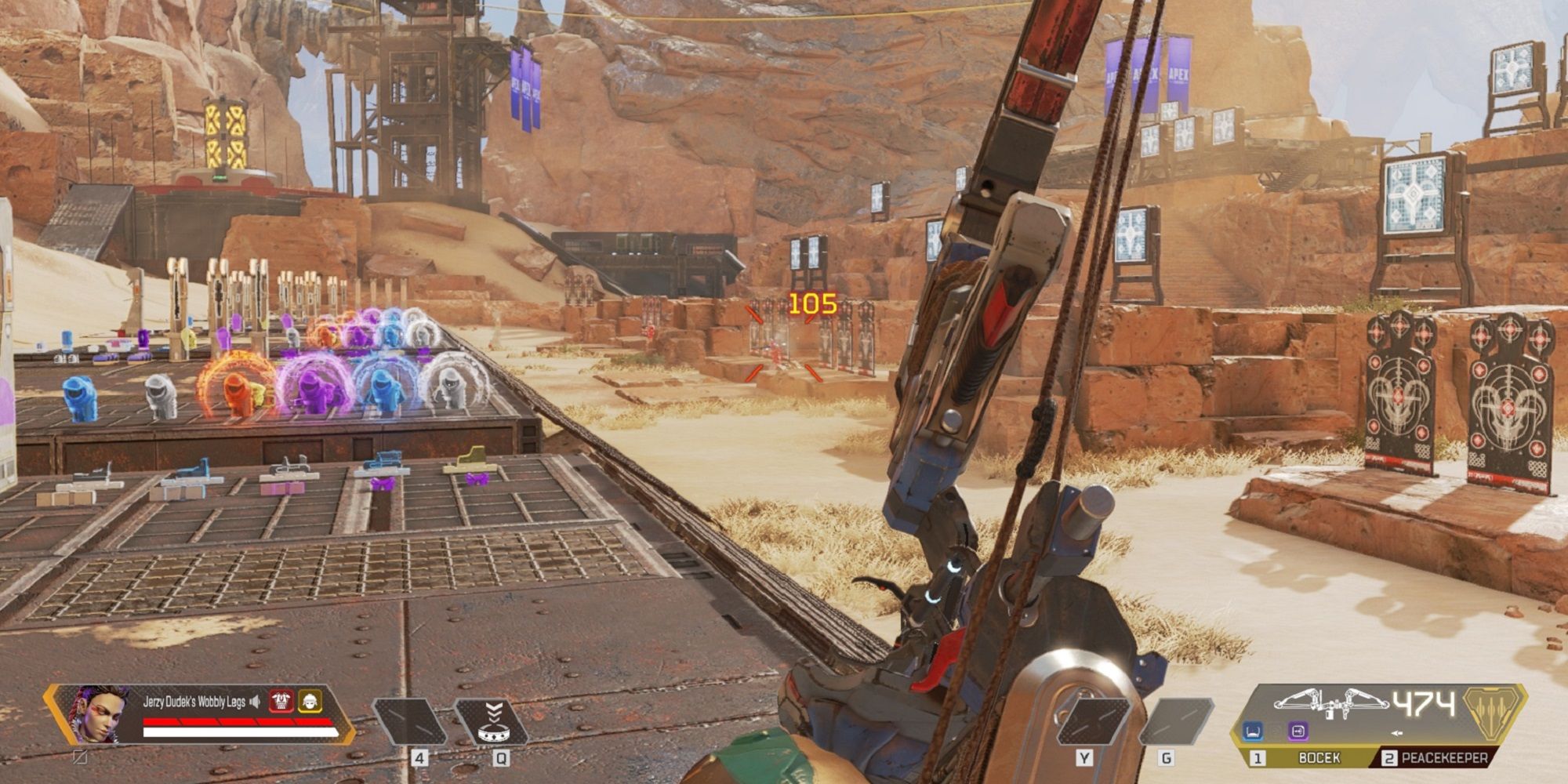 A view of the shooting range, showing the Bocek bow in Apex Legends