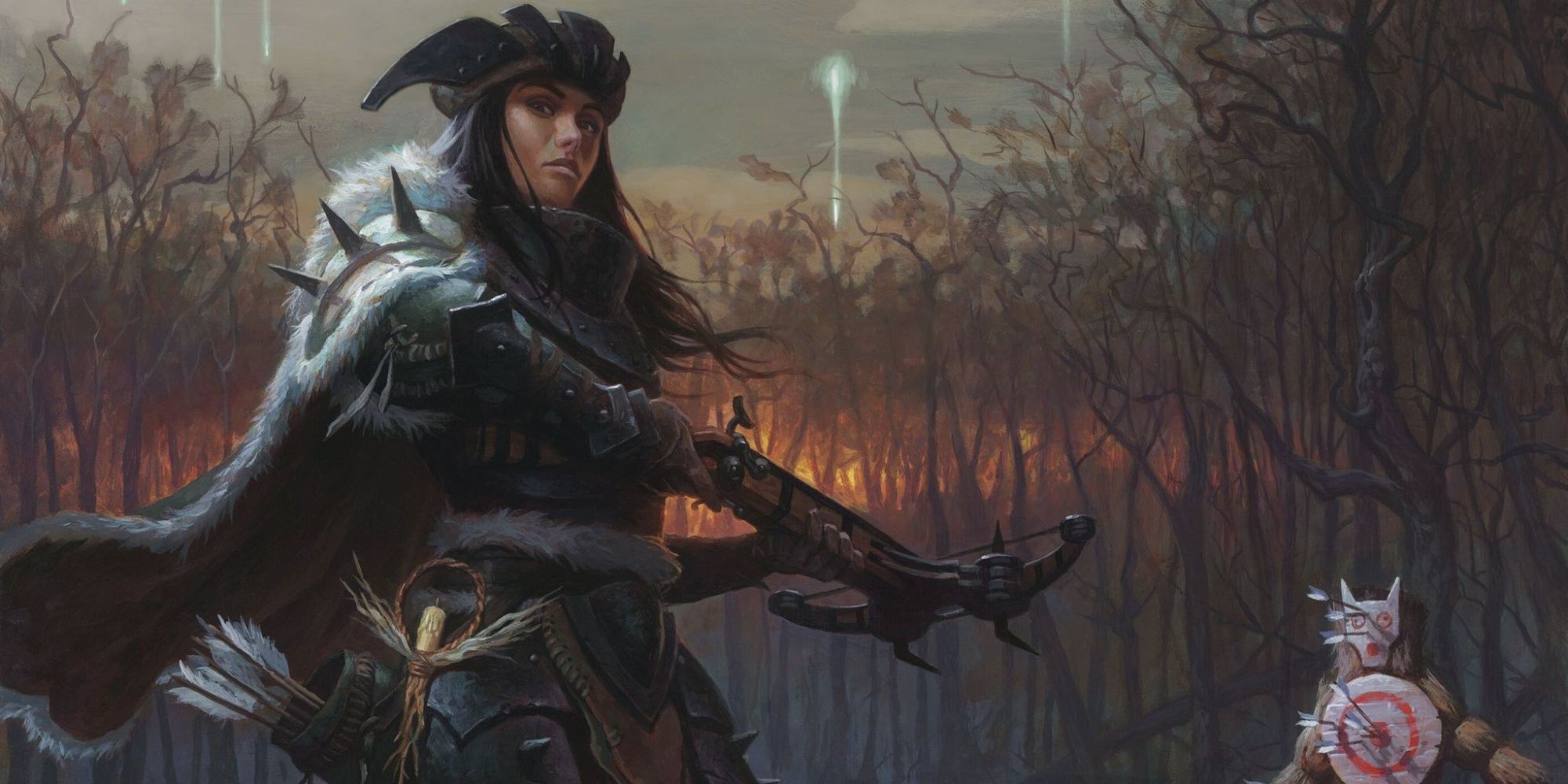 A woman wielding a crossbow shooting at a target, artwork from Magic: The Gathering (MTG)