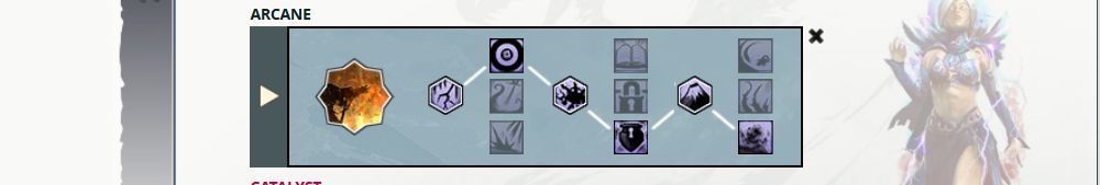 A screenshot from Guild Wars 2 buld editor showing the best Arcane traits for open world Catalyst