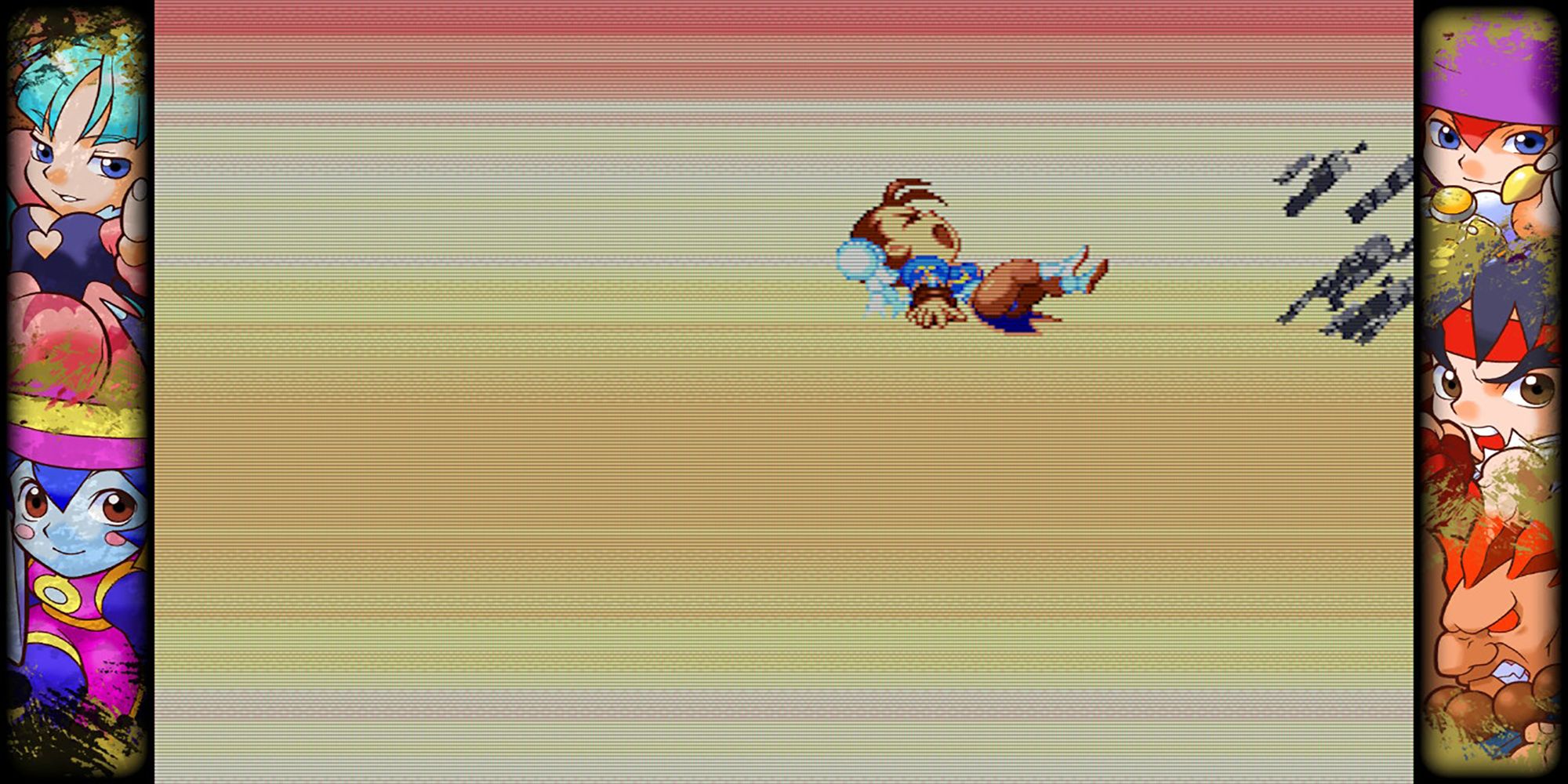 Chun-li's body smashes through a wall during an Around The World Counter in Pocket Fighter/Super Gem Fighter Mini Mix, a game in Capcom Fighting Collection.