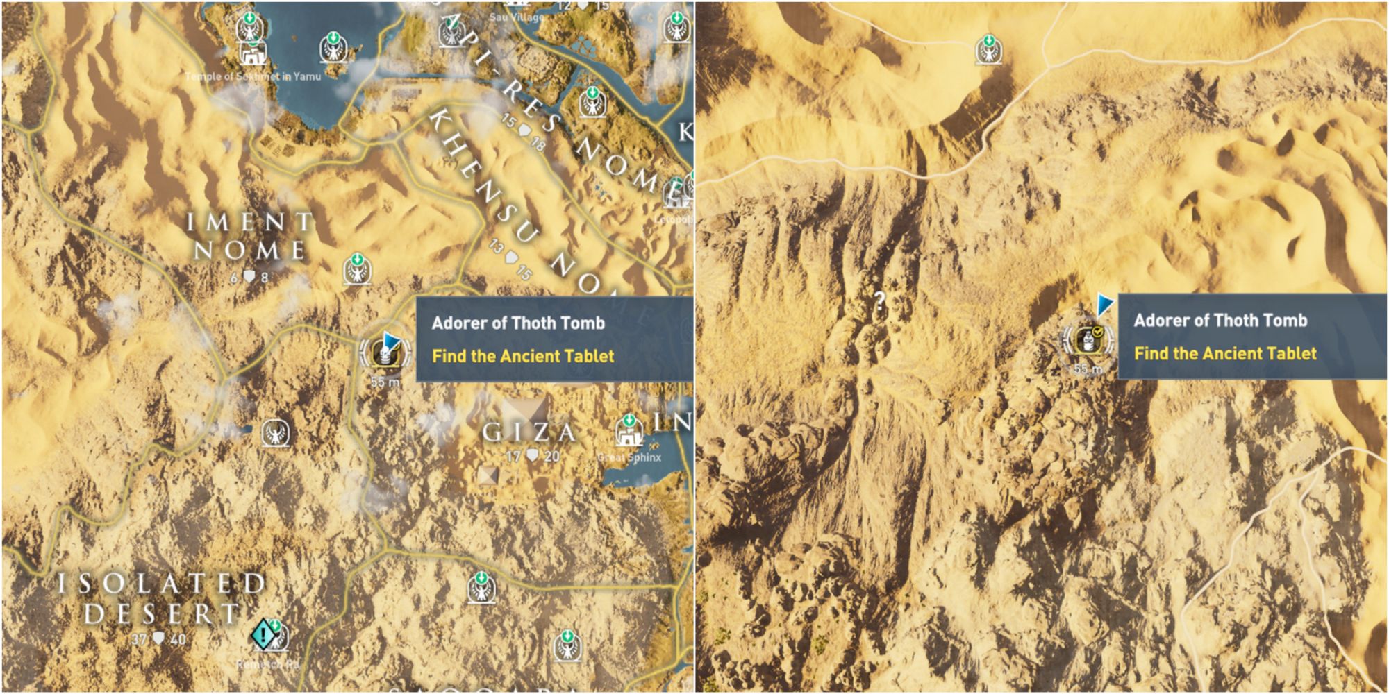 Assassin's Creed Origins Split Image Showing Adorer Of Thoth Tomb Map Location
