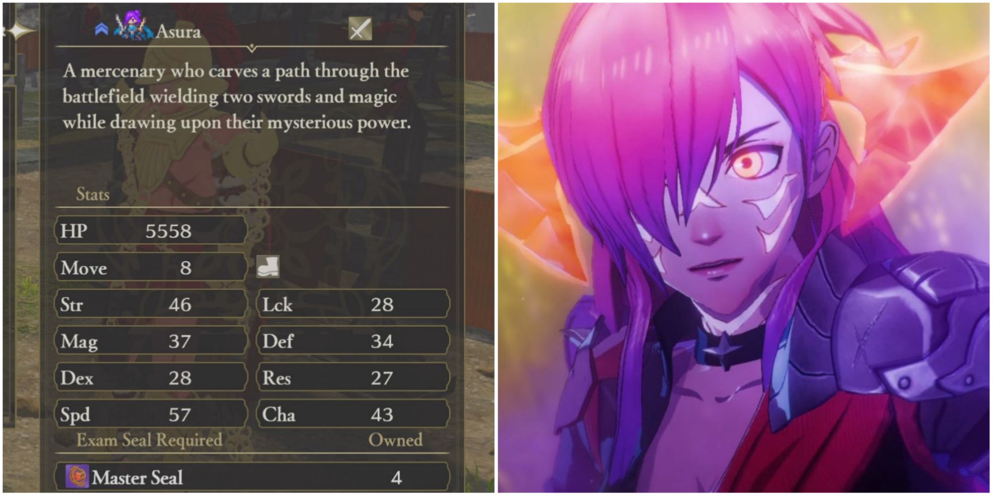 Split image of Asura stat screen and Shez awakening powers