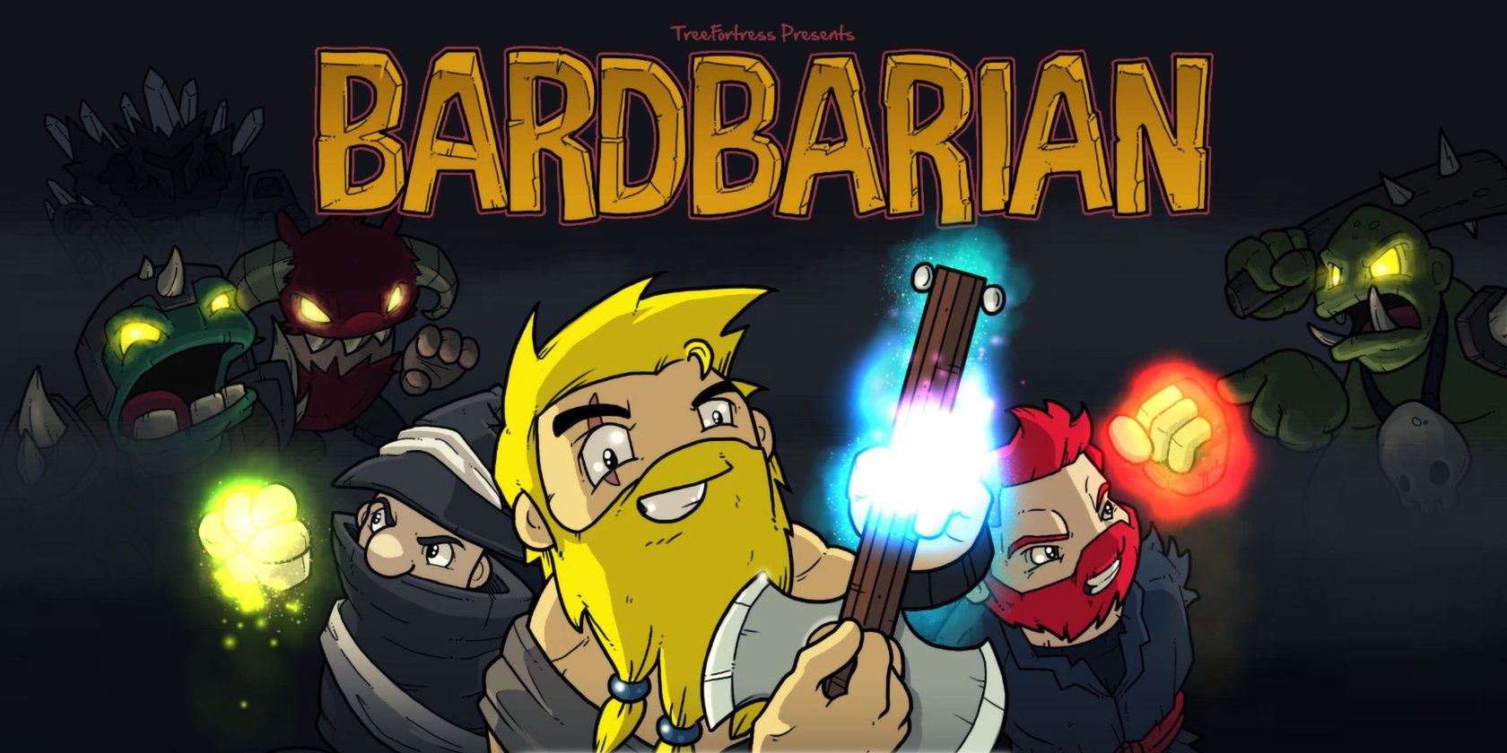Key art of a barbarian with a guitar axe