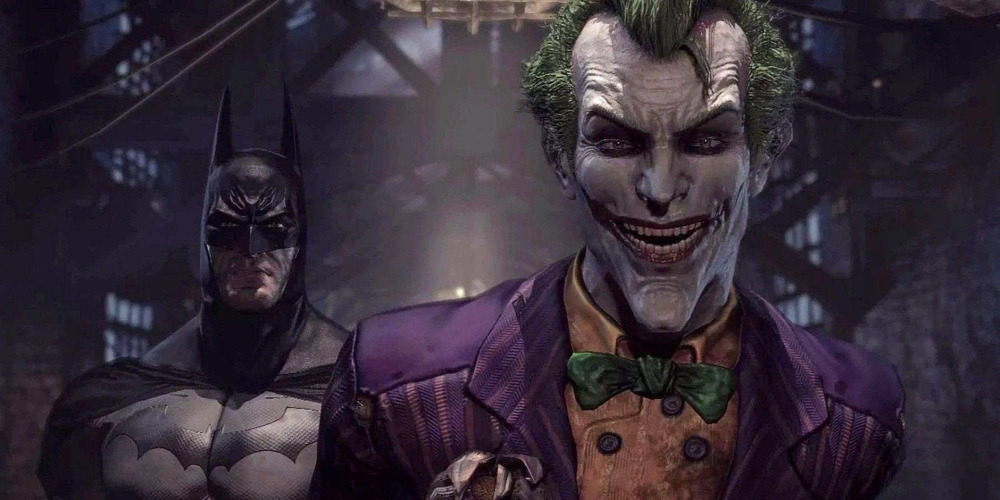 Batman And The Joker From The Batman Arkham Series side by side, with the Joker smiling