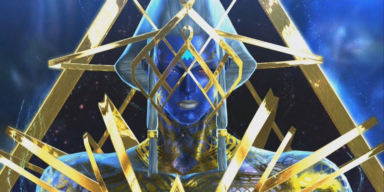 A close-up of Aesir from Bayonetta 2 with an expressionless face