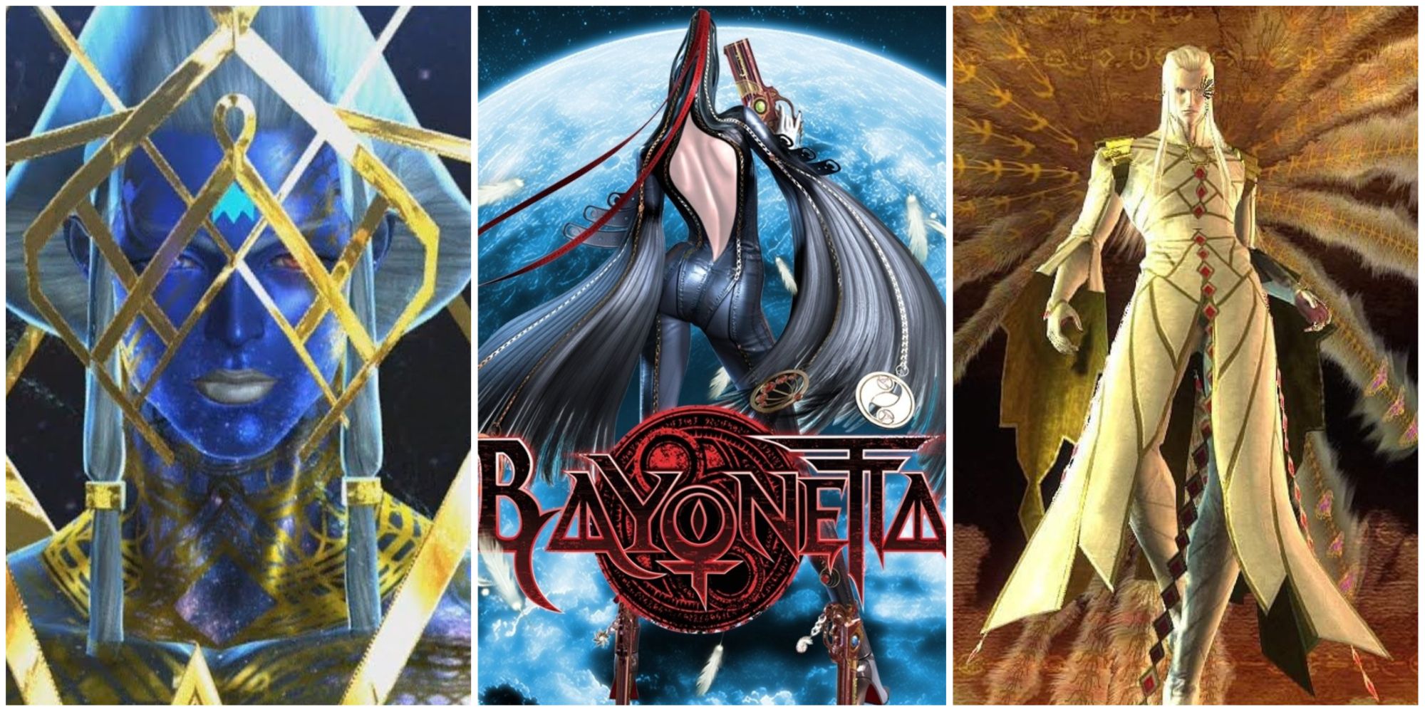 A close-up of Aesir, the cover image of Bayonetta 1, and Balder from Bayonetta 2 with his peacock wings unfurled, left to right