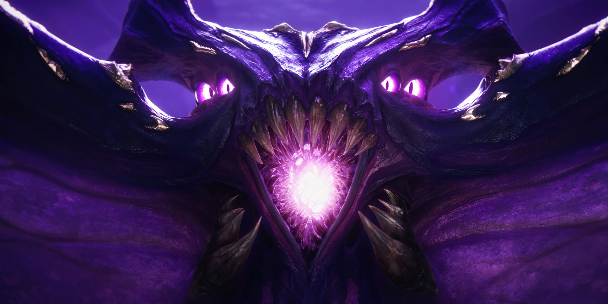 The Empress of the Void in her full, monstrous beauty in her champion teaser, her eyes aglow and brandishing her teeth