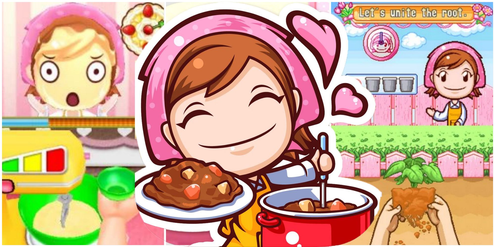 Split image of Cooking Mama with batter covering her face, Cooking Mama holding plate of chili, and Cooking Mama instructing player to plant garden