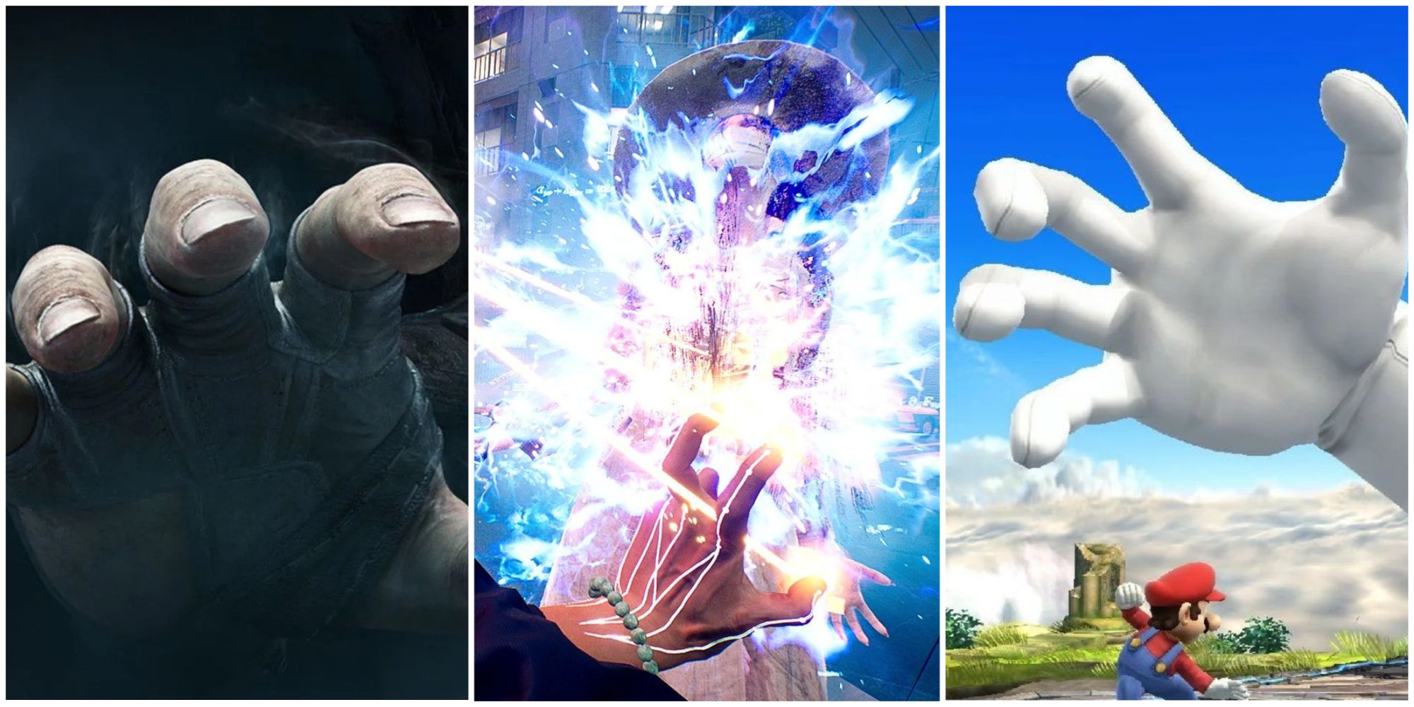 Garrett from Thief's hand reaching towards you, the ghostwire being used in Ghostwire Tokyo, and the Master Hand about to attack Mario, left to right