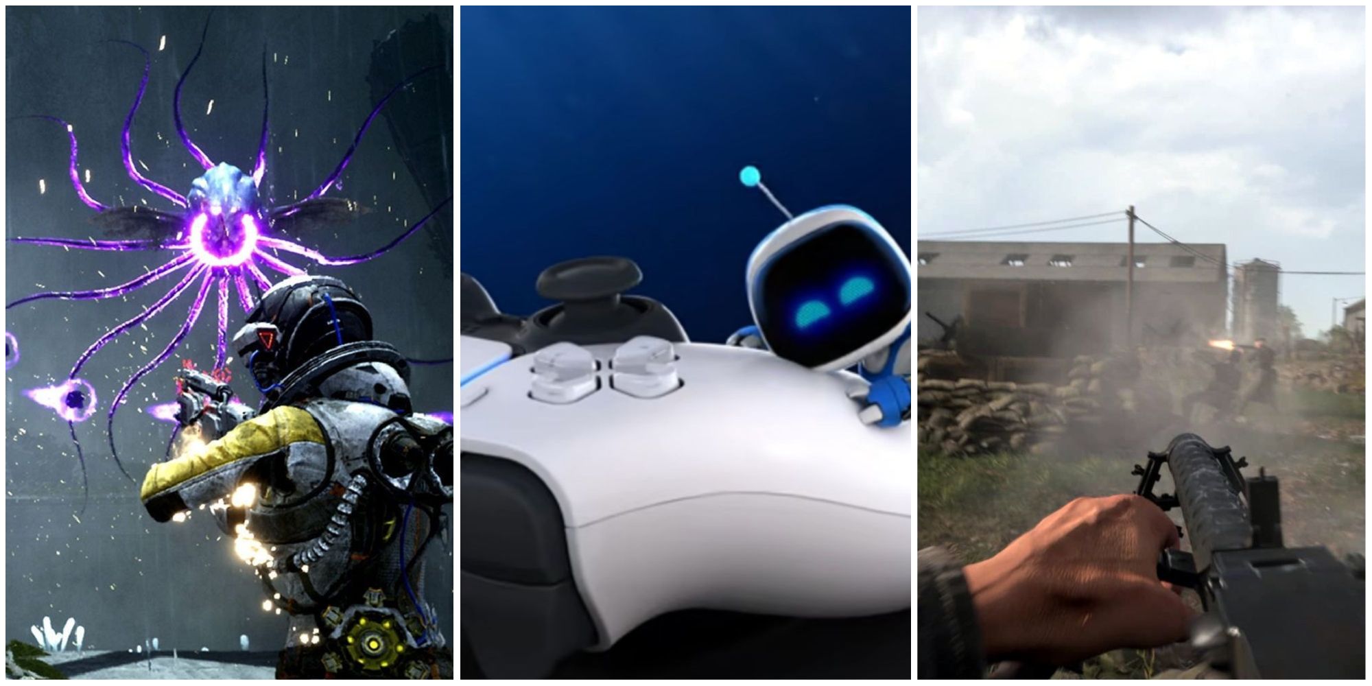 Best Haptic Feedback Games on PS5 split image of returnal, astro bot, and hell let loose