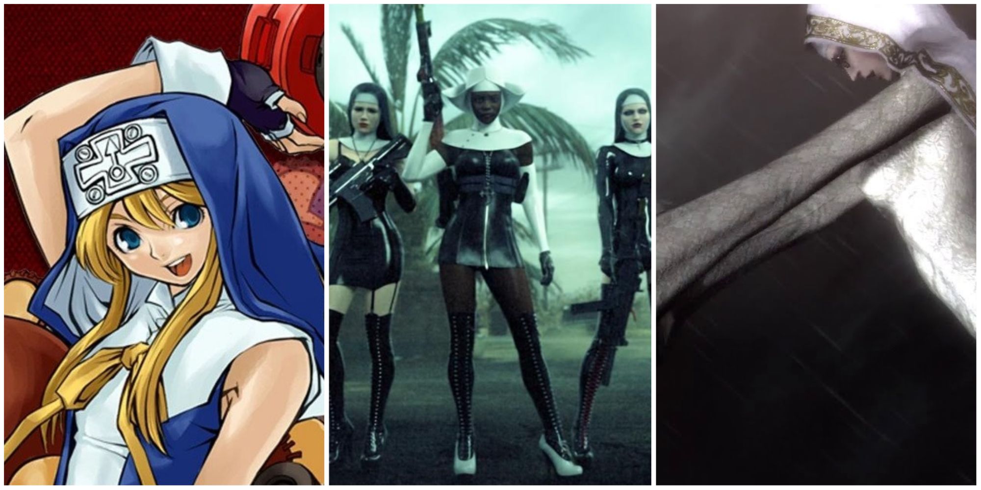 Bridget from Guilty Gear with a yo-yo above their head, three of The Saints from Hitman Absolution standing together, Bayonetta dressed as a nun with her arms outstretched, left to right