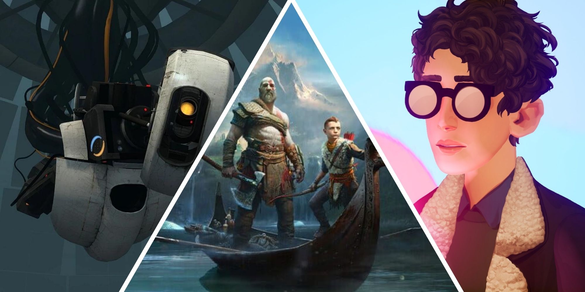 Glados from Portal, Kratos and Atreus from God of War, Francis from The Artful Escape