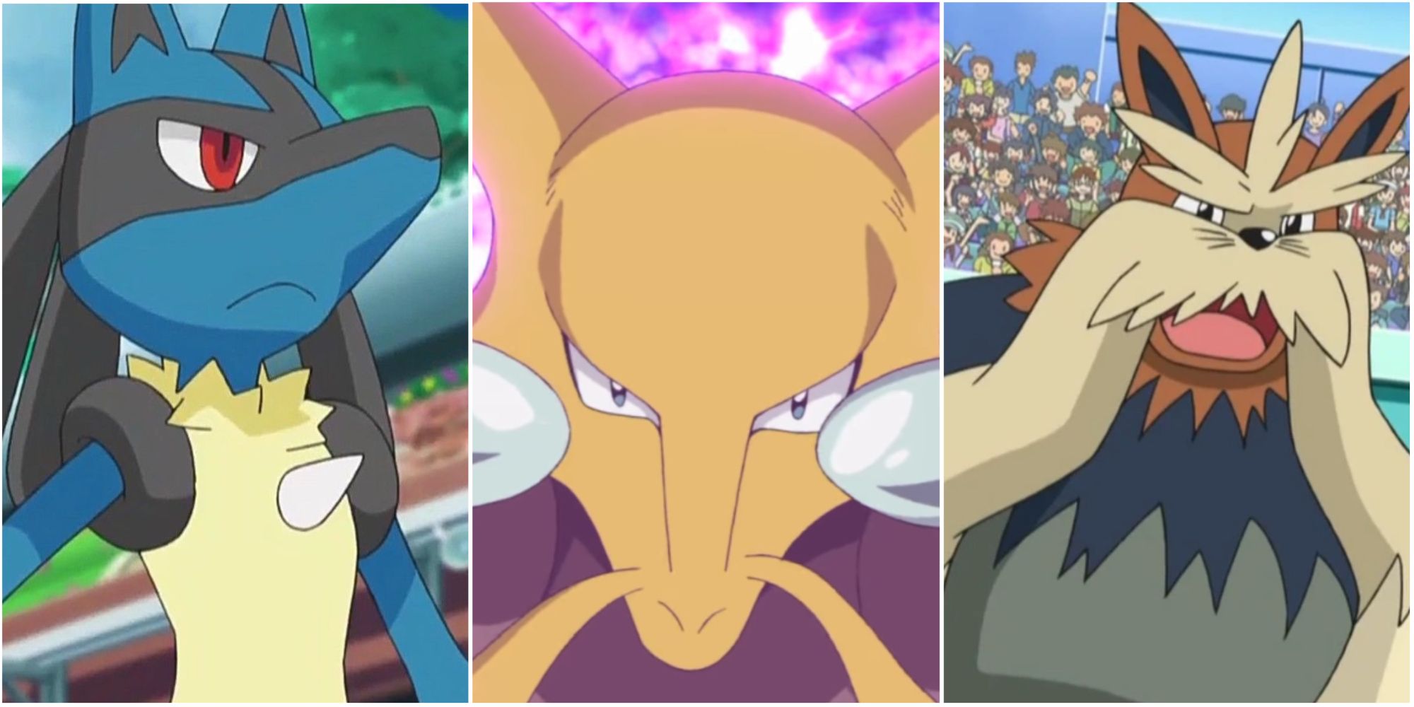 Split image screenshots of Lucario, Alakazam, and Stoutland in the Pokemon anime.