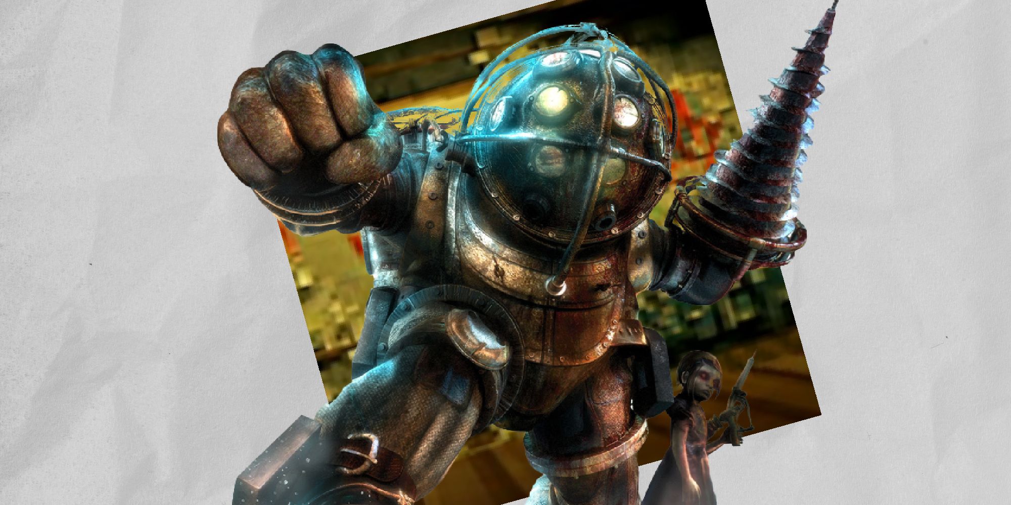 BioShock Mobile - a big daddy stands with its drill and hand rasied
