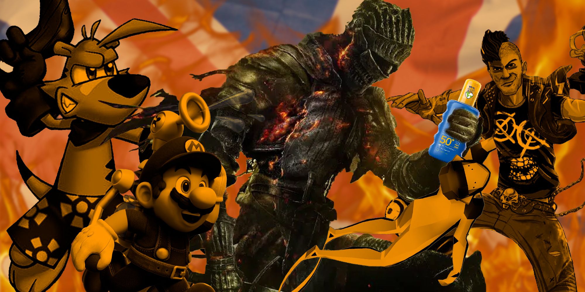 dark souls 3 guy holding sun screen, ty the tasmanian tiger, sunset overdrive, super mario sunshine