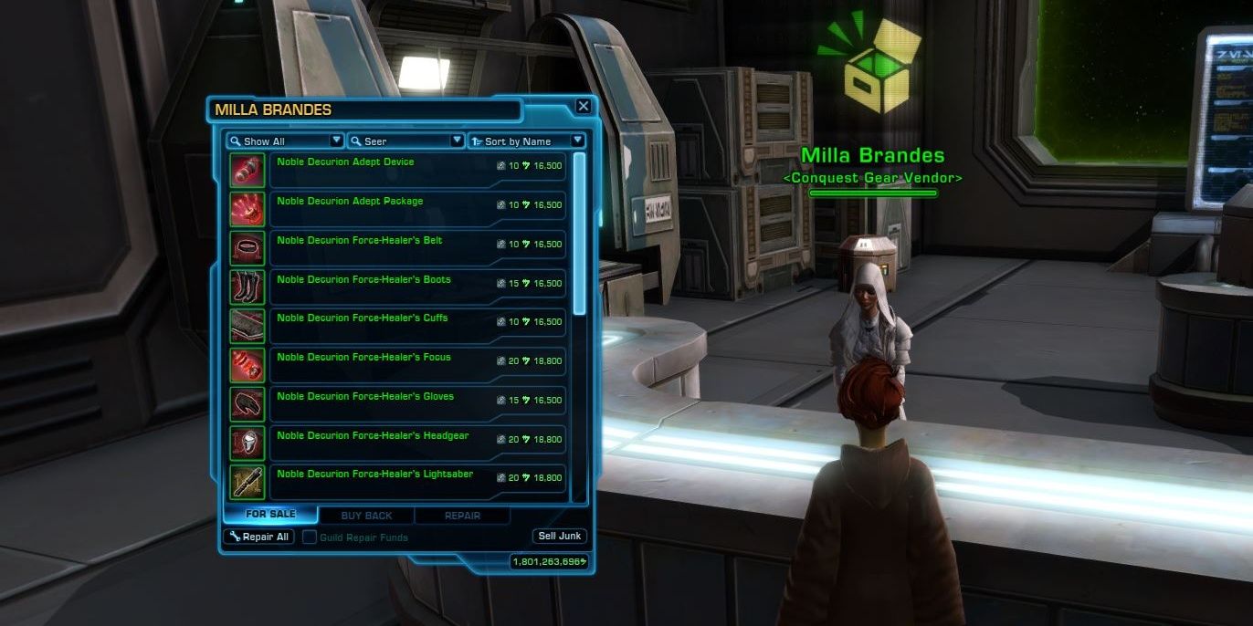 A character in SWTOR buying gear for in-game currency