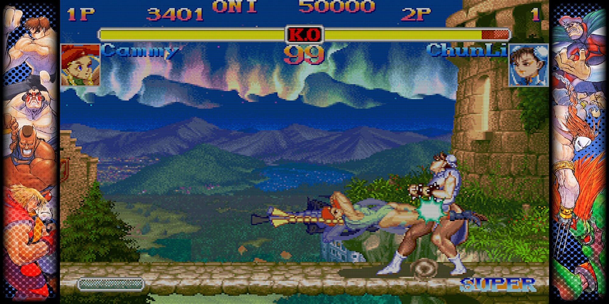 Cammy pierces Chun-li with her Spiral Arrow attack atop of a British manor in Hyper Street Fighter 2, a game in Capcom Fighting Collection.