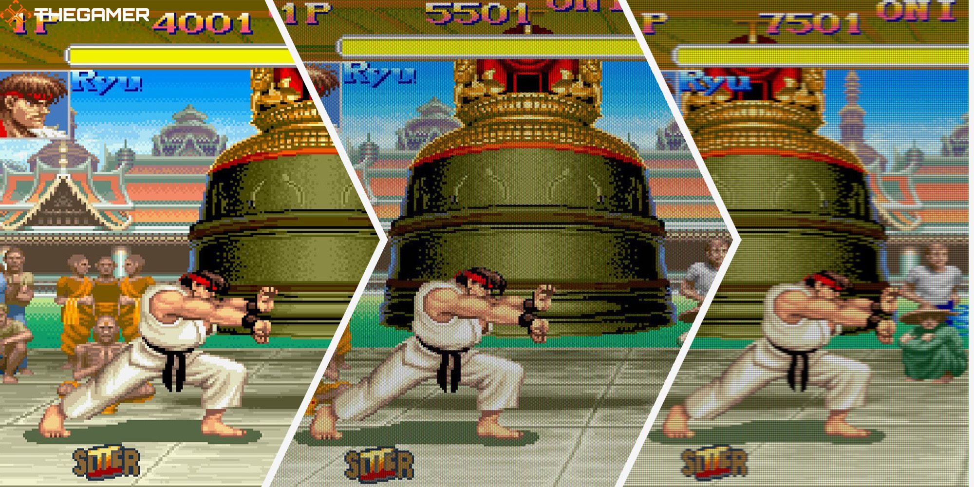 Ryu sends a Hadouken in three different game renderings offered in Capcom Fighting Collection.