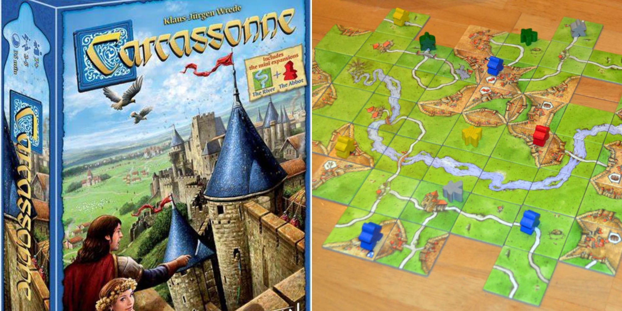 Carcassonne Box Art - Tiles forming the game with meeples 