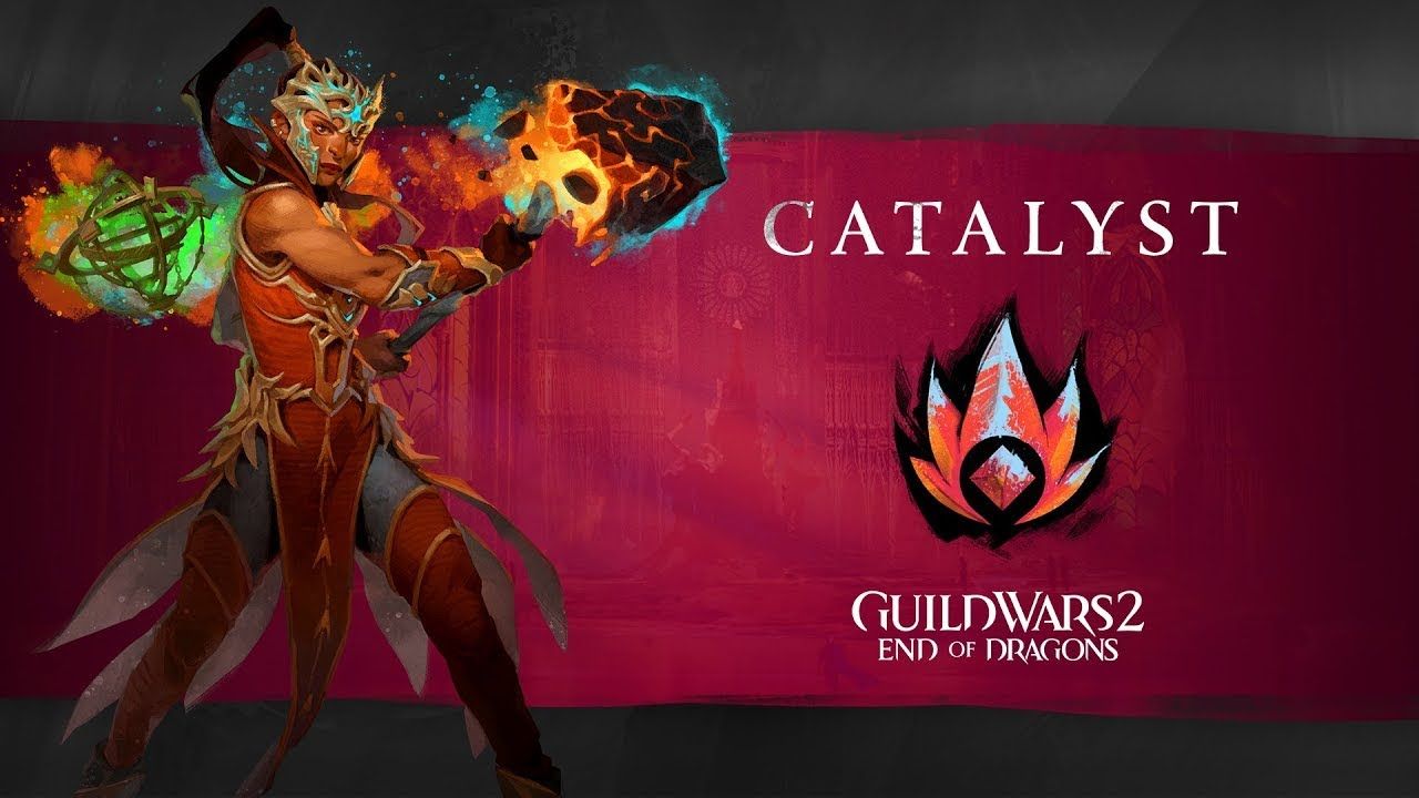 Guild Wars 2 - concept art for the catalyst, showing a human catalyst wielding a hammer, on red background