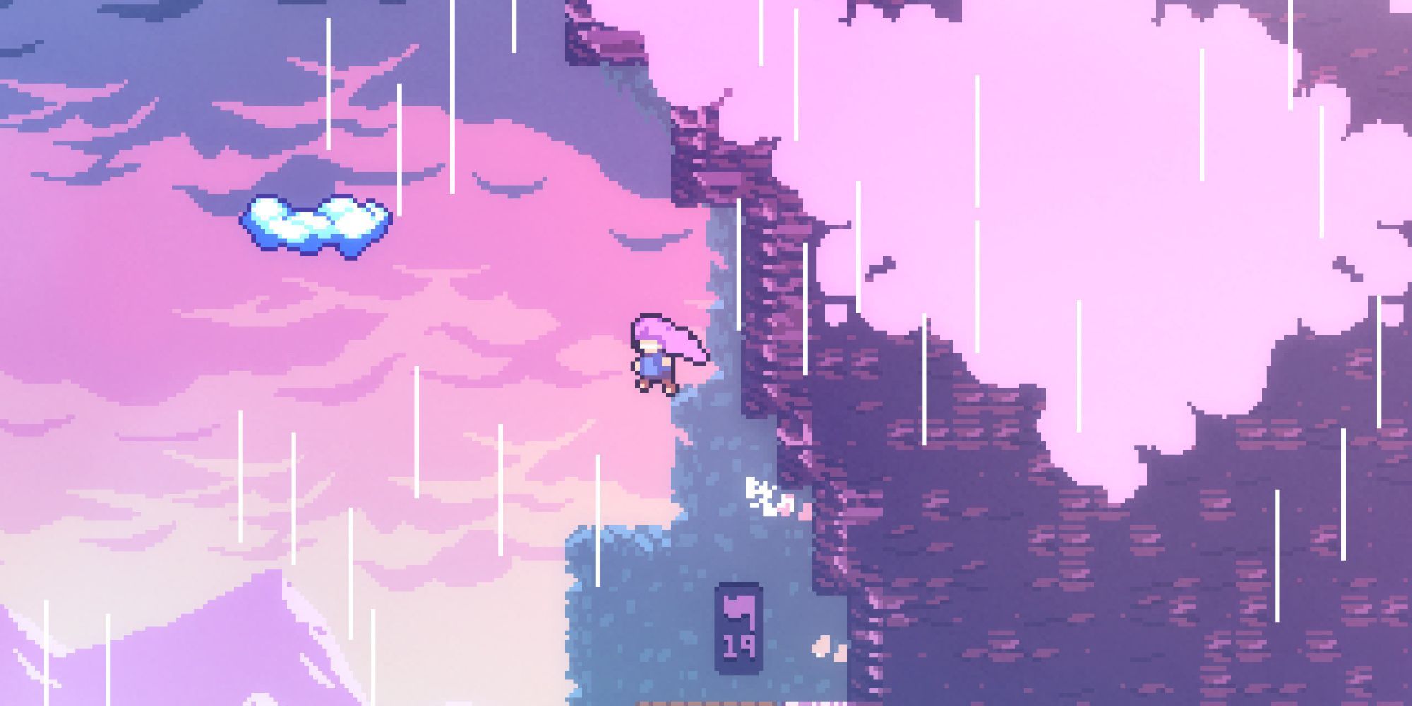 Madeline jumps away from a mountain while it rains