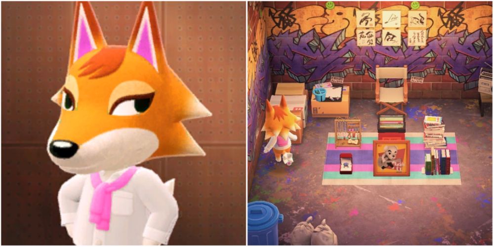 Split image screenshots of a close-up of Chief and Chief’s house in Animal Crossing New Horizons.