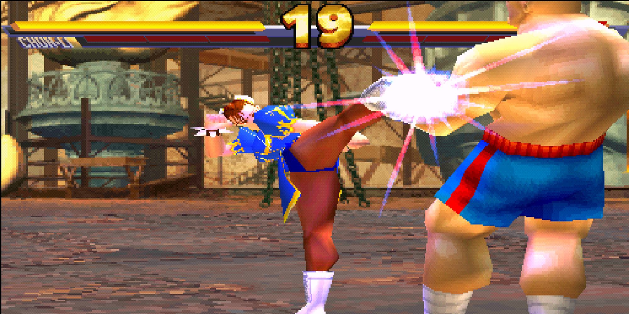Chun-li kicks Sagat in the face on a scaffolding facing the Statue of Liberty in Street Fighter EX2 Plus.