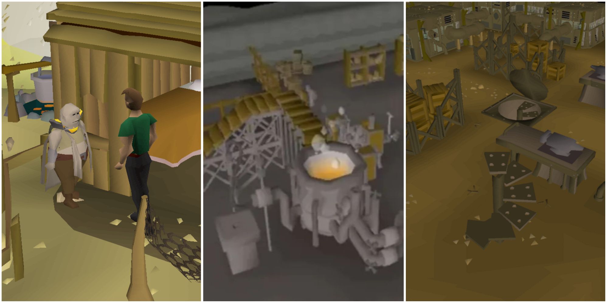Old School RuneScape split feature image featuring screenshots of Thurgo, the Blast Furnace, and the Elemental Workshop