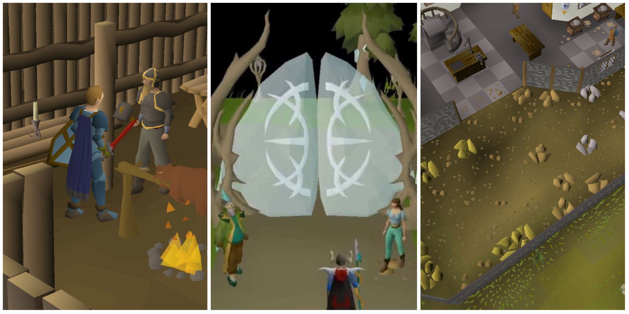 Old School RuneScape split feature image featuring screenshots of the Longhall at Rellekka, the gate to Prifddinas, and the Crafting Guild 