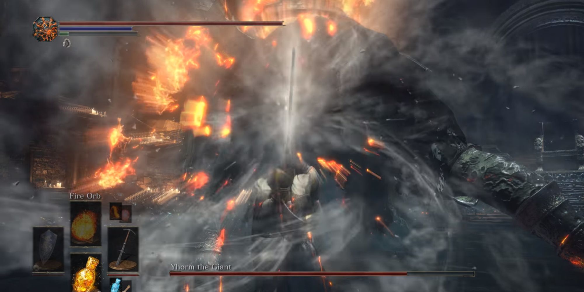 The player using Storm Ruler on the boss.
