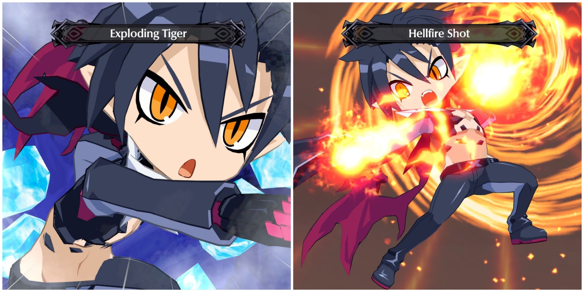 Disgaea 6 - collage of Killia attacking with Exploding Tiger and Hellfire Shot
