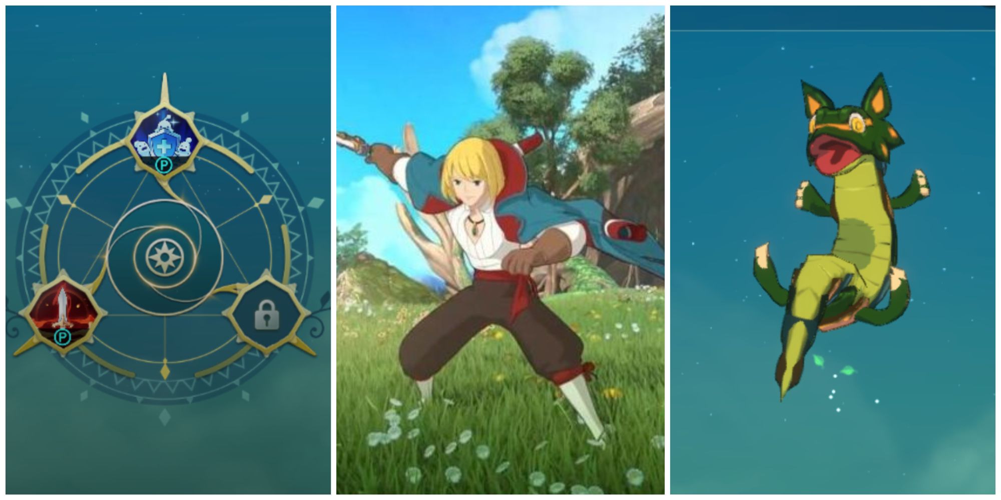 Ni No Kuni Cross Worlds - split feature image featuring screenshots of the Passive Skill screen, the Swordsman, and Oroboros