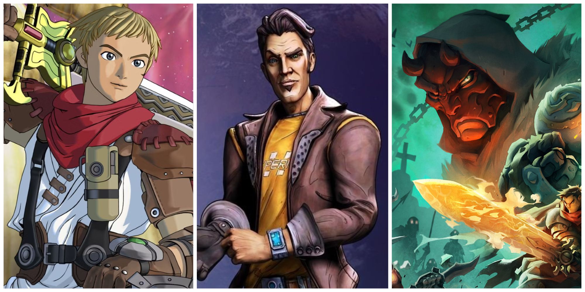 Characters from Rogue Galaxy, Borderlands, and Battle Chaseres Nightwar split image 