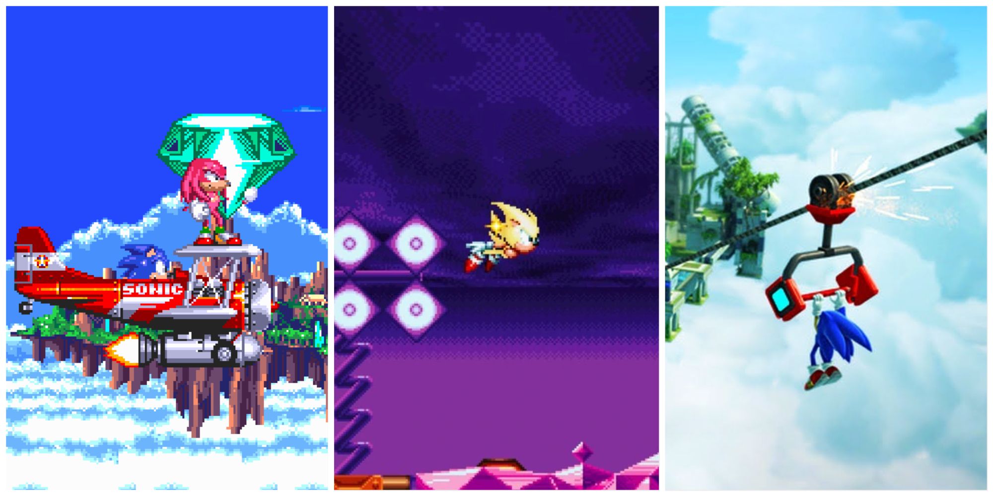 Split image of Sonic 3 ending, Egg Reverie Zone (Mania) and Sky Sanctuary Zone (Generations))