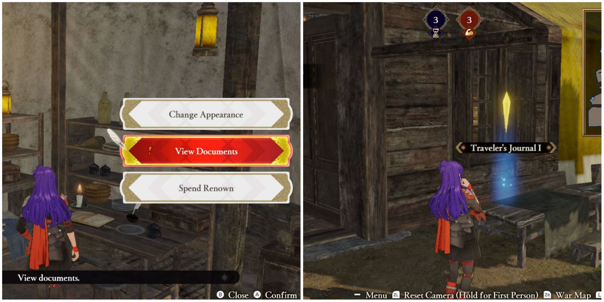 A split image of Shez accessing Journal menu to view documents and Shez examining a Traveler's Journal found outside common area