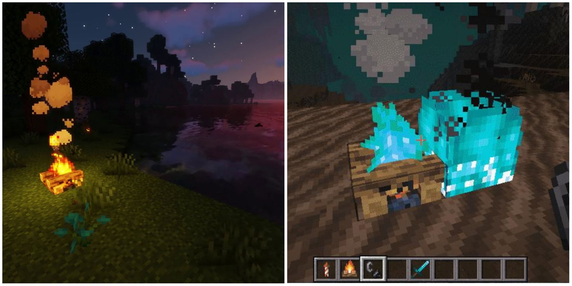 Minecraft Campfire In Overworld With Shaders And Soul Campfire In Nether Soul Sand Wastes 