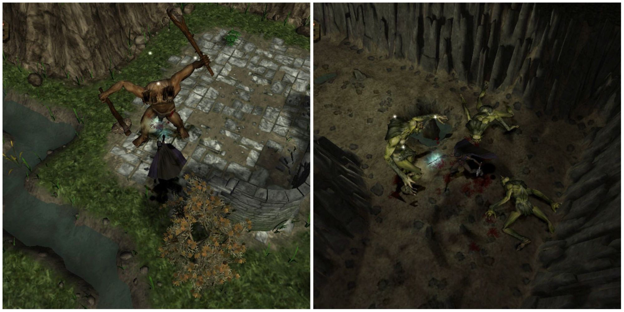 Baldur's Gate Dark Alliance 2  - collage of rogue attacking a two-headed ogre and some trolls