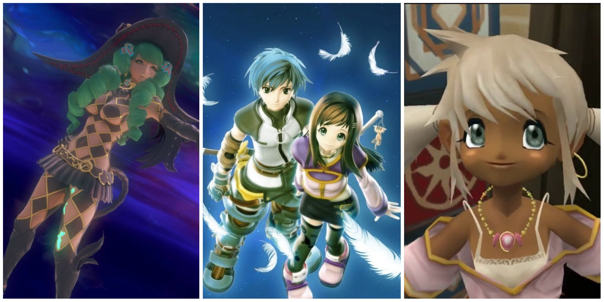 Star Ocean Character Title Collage Mage Fiore on Left, Fayt and Sophia middle Peppita right