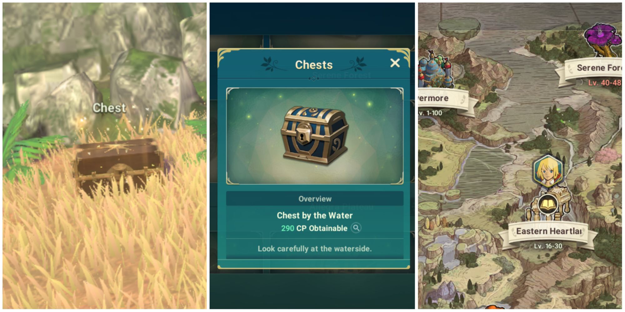 Split feature image featuring screenshots of a chest in the grass, the Chests Records screen, and the world map