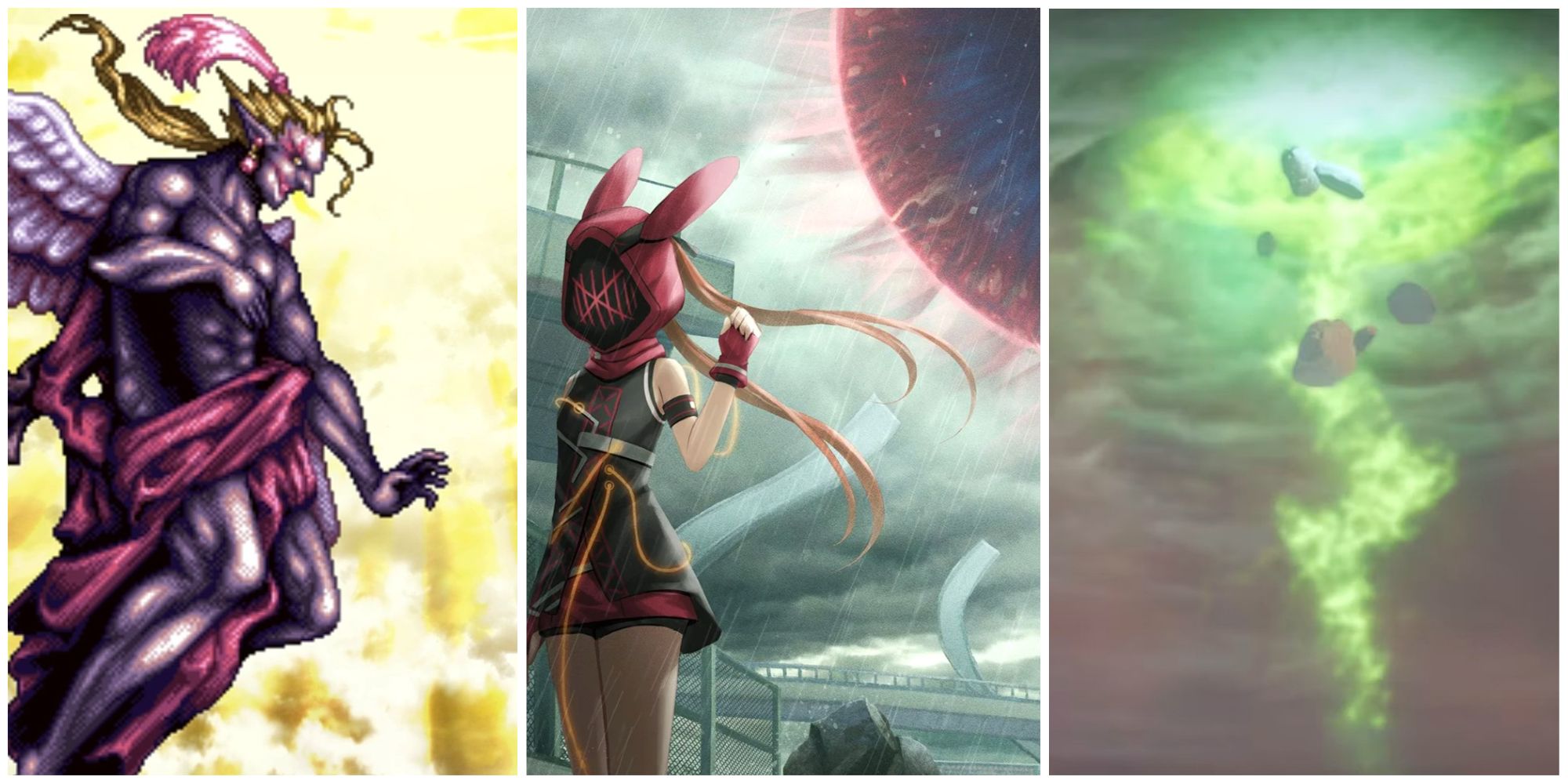 World Ending RPGs Title Collage Kefka left, Kunad gate and girl middle, Solas and the fade right