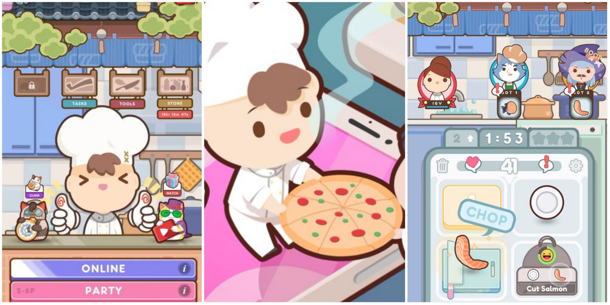 A split image of Too Many Cooks main menu, tiny chef handing a pizza to customer, and three chefs in kitchen preparing meals