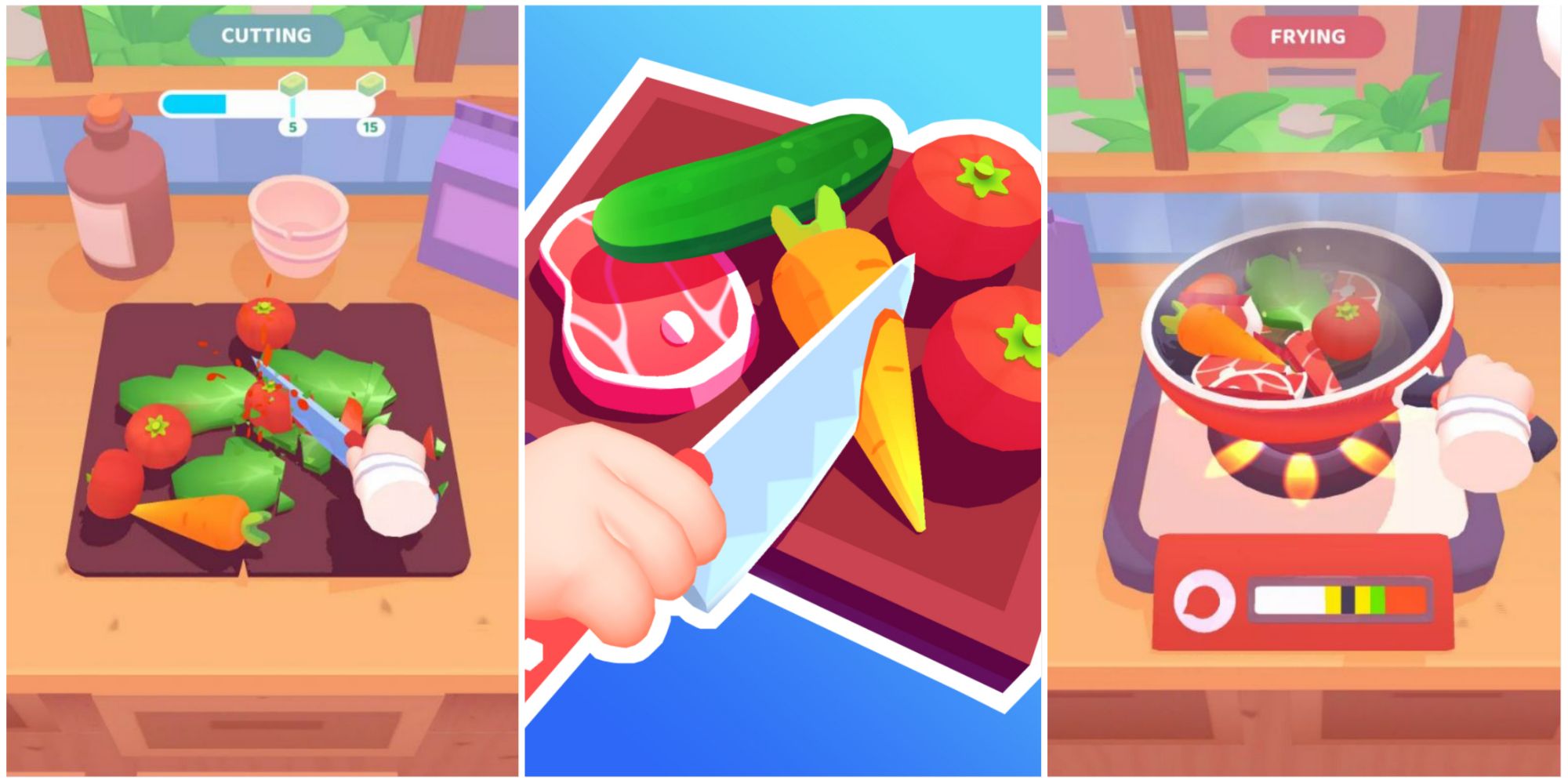 A split image of a hand cutting veggies on a board, an icon of a knife cutting carrot on a board, and a hand frying meat and veggies in a pan