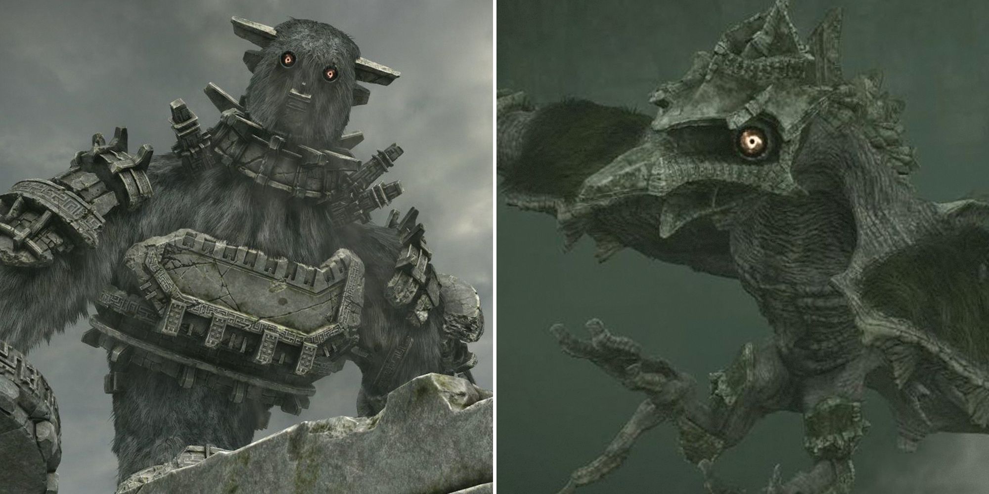 Shadow of the Colossus split image. Colossi bosses.