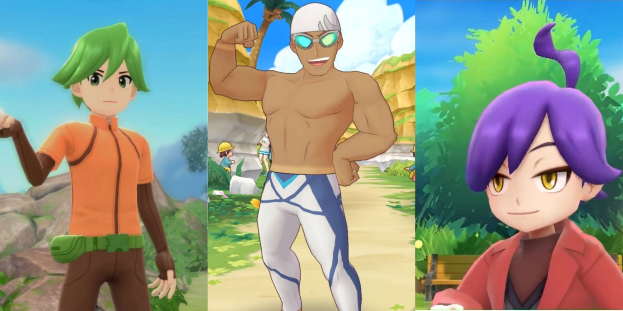 An Ace Trainer in orange, a swimmer flexing, and a psychic looking smug